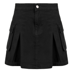 denim black stitching pleated skirts