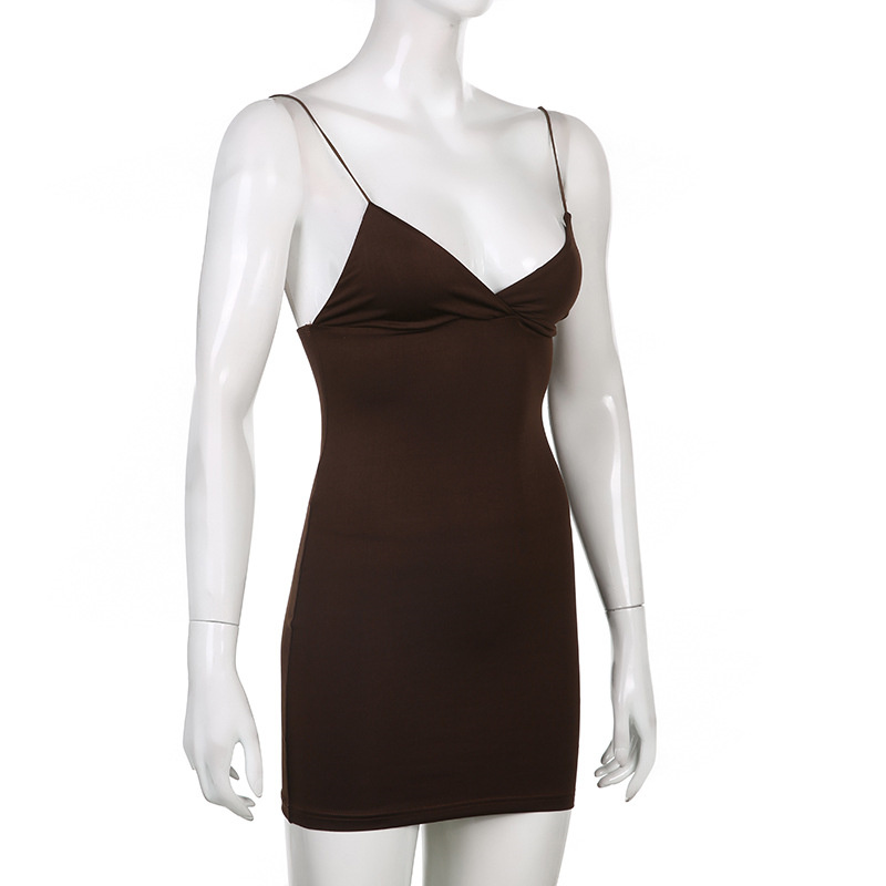 brown low cut spandex women dress