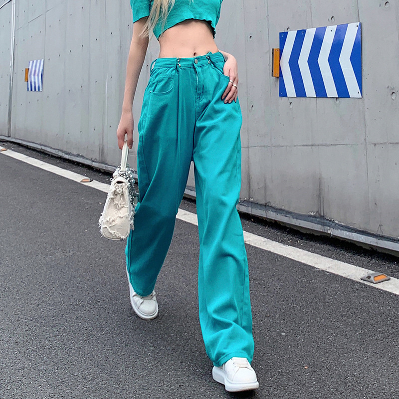 green baggy women jeans