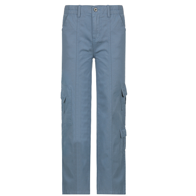 blue straight denim casual pants