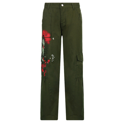 green straight woven fabric casual pants