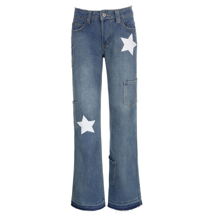 popular pentagram print blue jeans