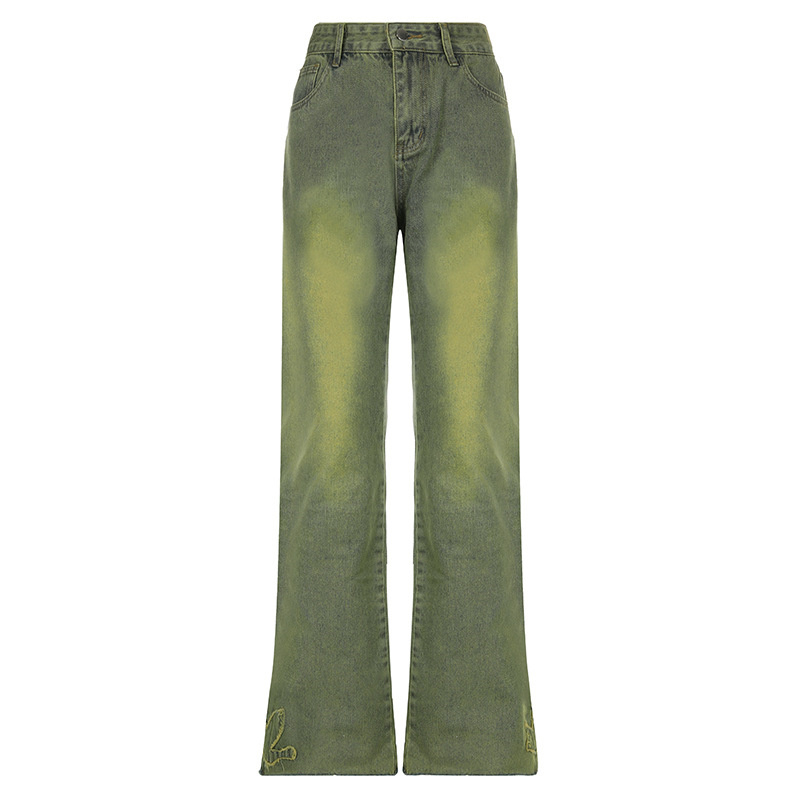 green washed denim jeans