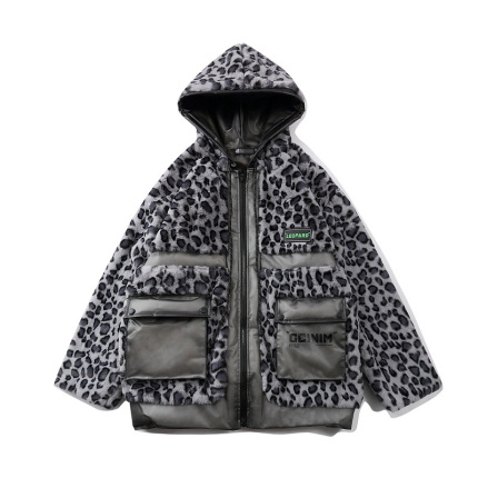 fuzzy leopard hooded bomber jacket