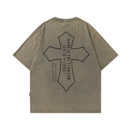 khaki shirt short sleeve letters pattern