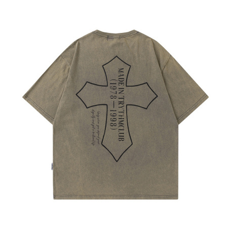 khaki shirt short sleeve letters pattern