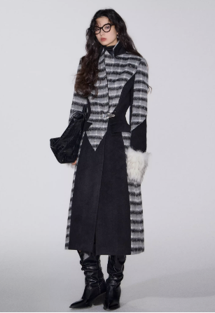 Plaid patchwork tweed coat