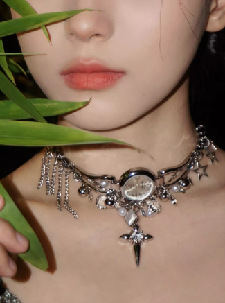 Cross clock necklace fringe star