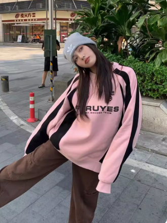 Patchwork color contrast printed hoodie