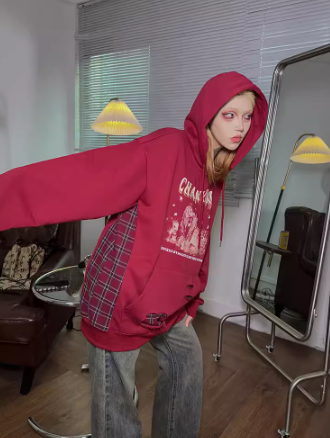 Plaid patchwork red hoodie