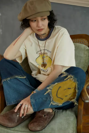 Straight-leg patchwork slacks
