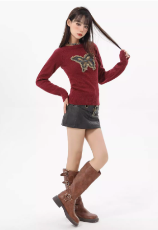Red New Year's butterfly knit sweater