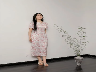 New Chinese dress spring new women's dress national style waist round neck pink floral satin skirt