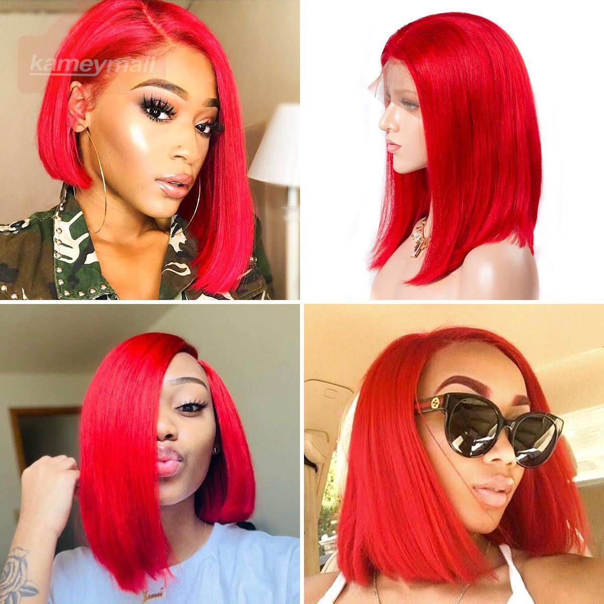 Colorful 13x6 Short Bob Straight Hair - Red