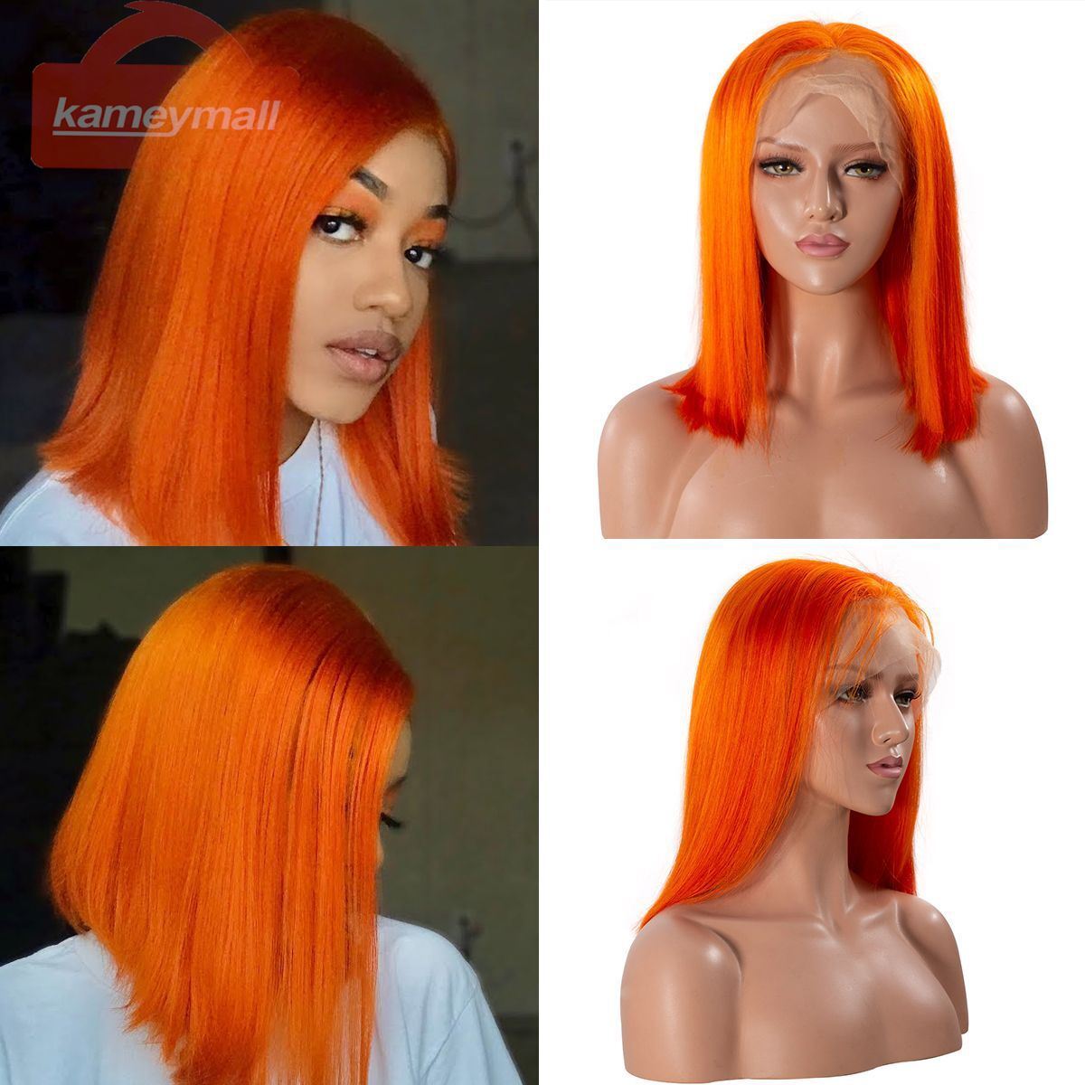Colorful 13x6 Short Bob Straight Hair - Orange