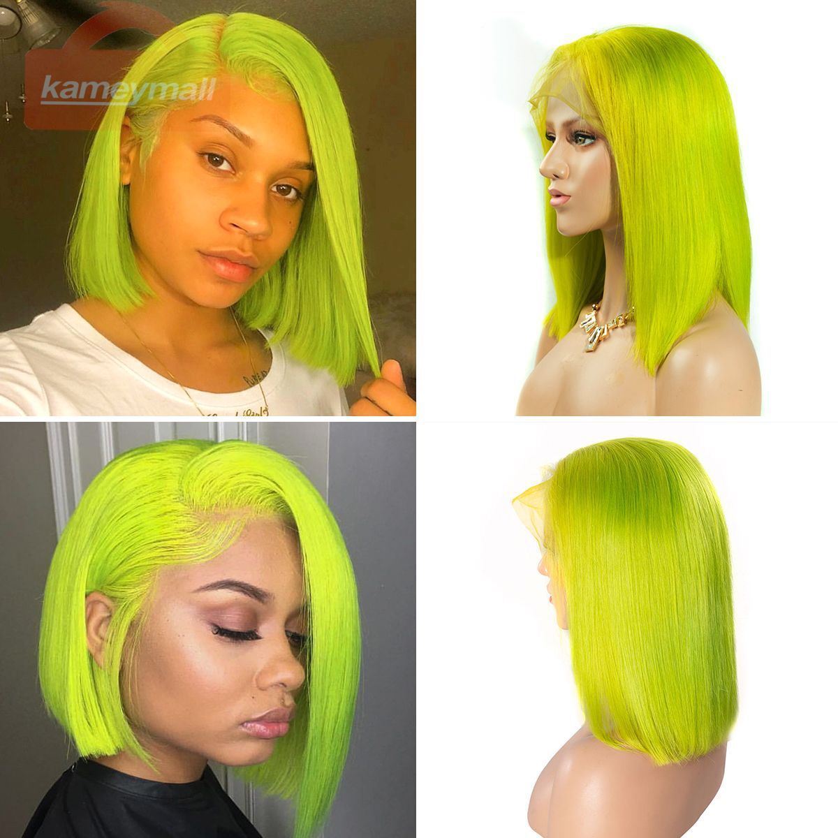 Colorful 13x6 Short Bob Straight Hair - Apple Green