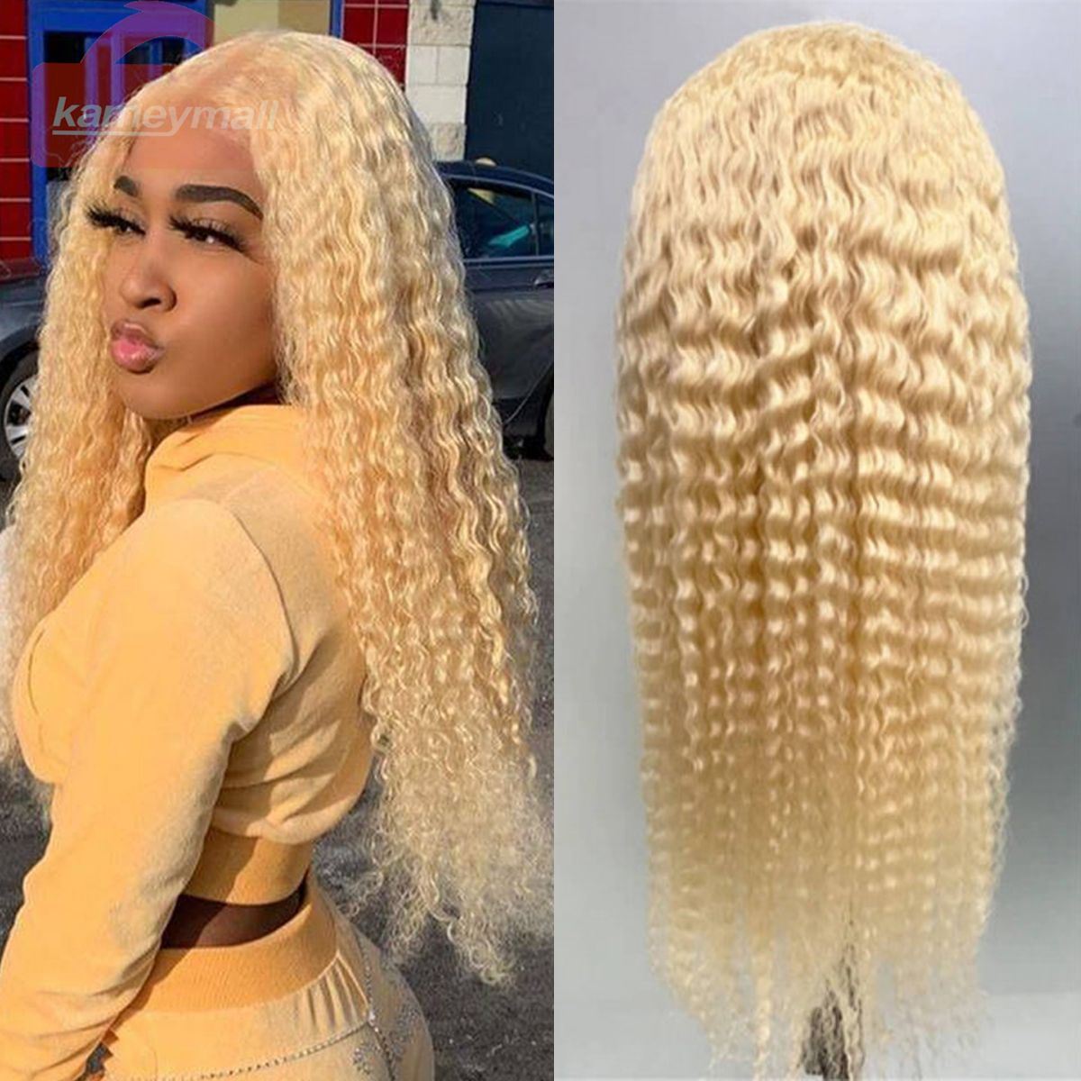 blond long curly wig