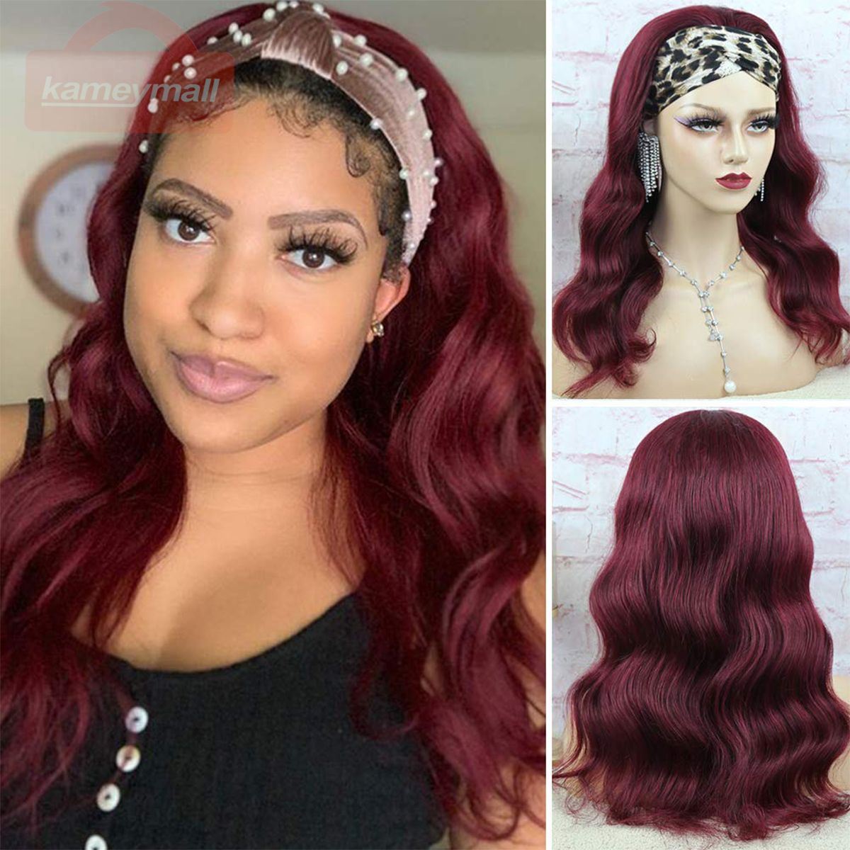 red wine long headband lace front wig