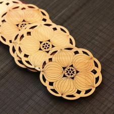 6 Pcs Round Bamboo Coffee Coaster Set Anti-slip Mat Table Decoration Accessories Flowers Cup Pad Hollow Carving Handmade Wooden