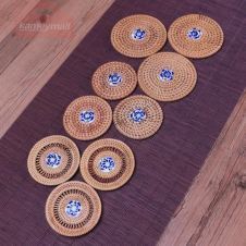 3pcs/lot Creative Coasters Set For Kungfu Tea Accessories Round Blue And White Porcelain Mat Rattan Weave Cup Mat Pad Decoration