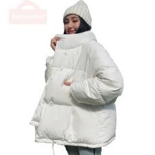 Korean Style 2019 Winter Jacket Women Stand Collar Solid Black White Female Down Coat Loose Oversized Womens Short Parka
