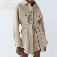 Women 2020 Fashion With Belt Loose Woolen Jacket Coat Vintage Long Sleeve Side Pockets Female Outerwear Chic Overcoat