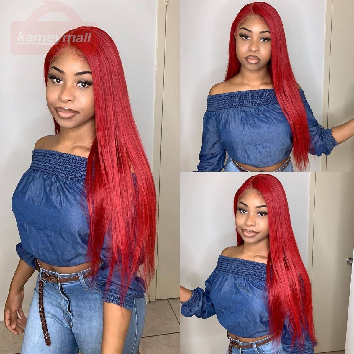 red straight sleek hair wig